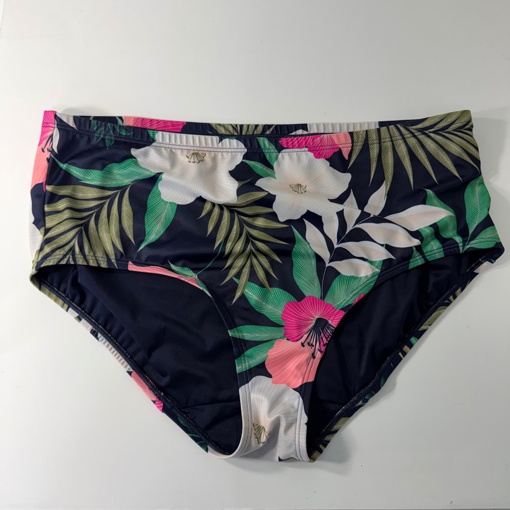 Lane‎ Bryant Women 10 Floral Bikini Bottom Navy Pink Tropical High Rise Brief